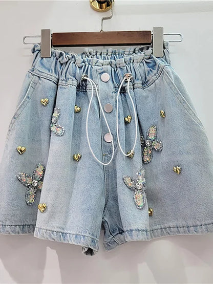 Women's Wide Leg Denim Shorts  Embroidered With Sequins