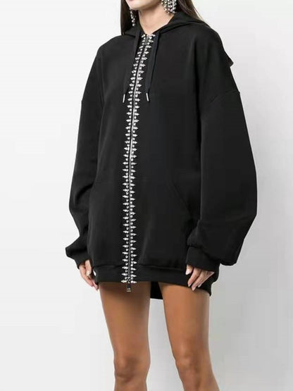 Cool Women's  Black Long Sleeved Hoodie with a Back Cut-out Design and Front Zipper,