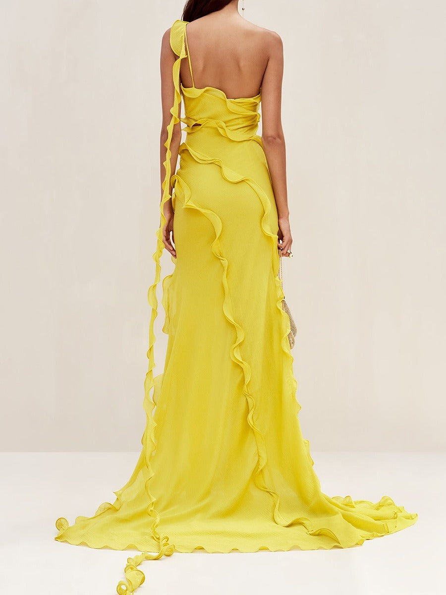 Elegant style one shoulder dress long Sunflower Yellow Dress