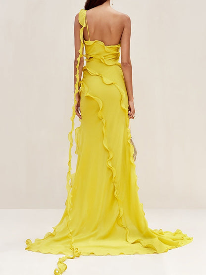 Elegant style one shoulder dress long Sunflower Yellow Dress