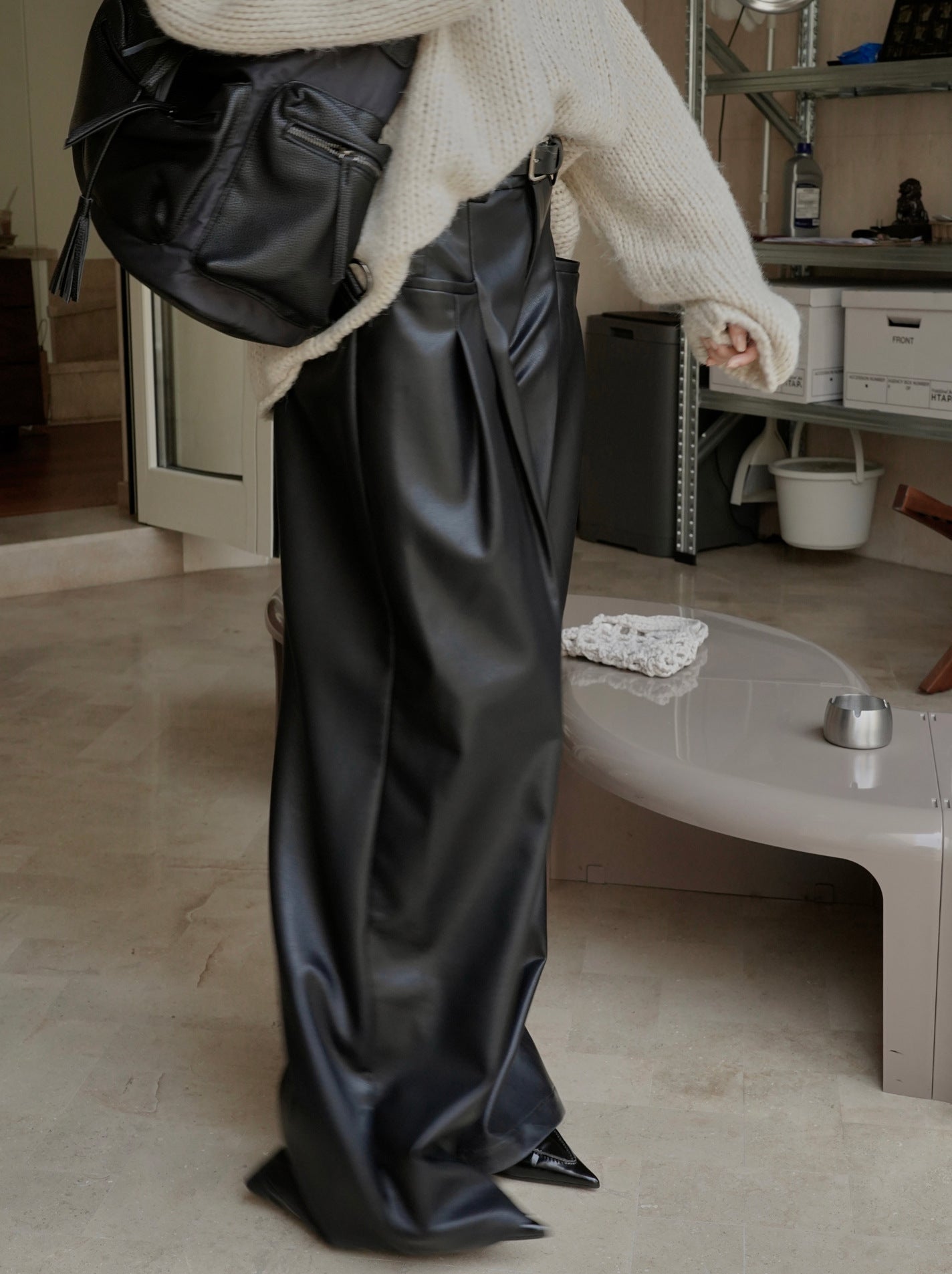 Modern High Waisted Faux Leather Wide Leg Pants