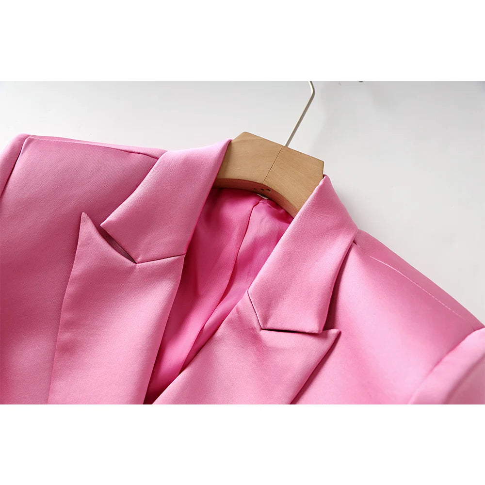 Women's Pink Satin 3-Piece Blazer Set-Stylish Mini Skirt, Bra Top and Stunning Blazer