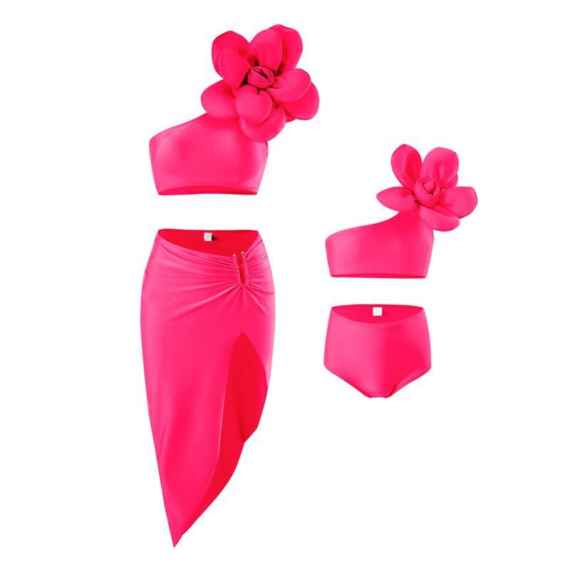 Bold Bloom 3-Piece  3-D Floral Bikini Set with Skirt – Asymmetrical One-Shoulder