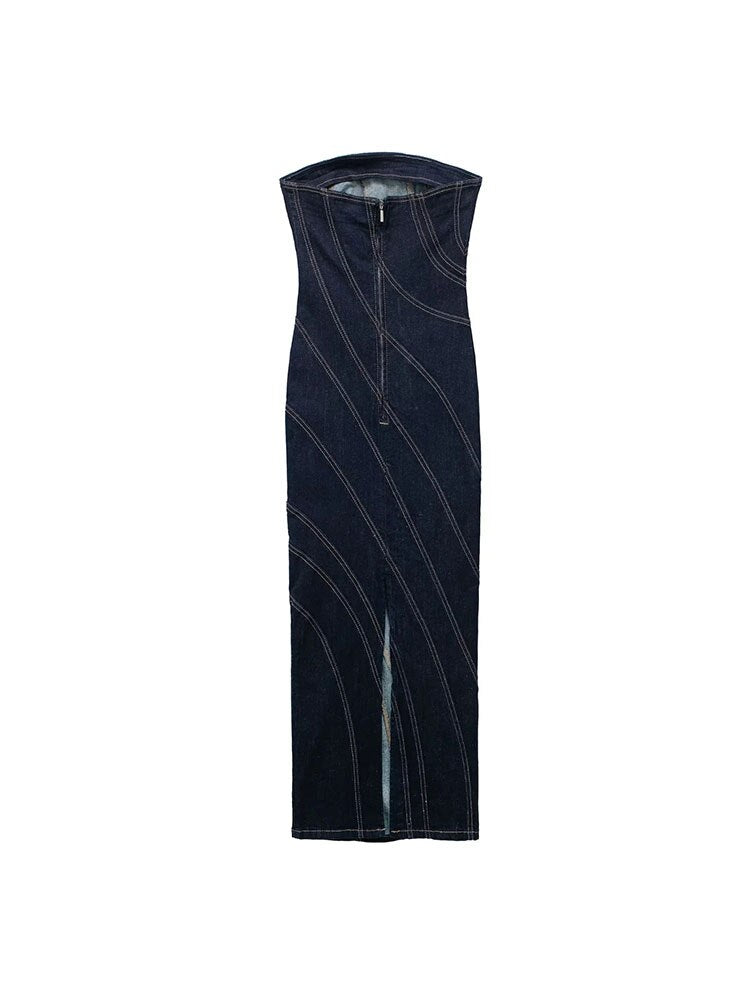 Elegant Strapless Bodycon Denim Midi Dress