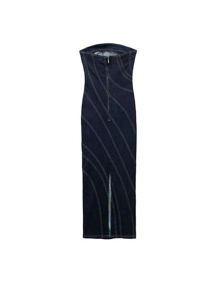Elegant Strapless Bodycon Denim Midi Dress