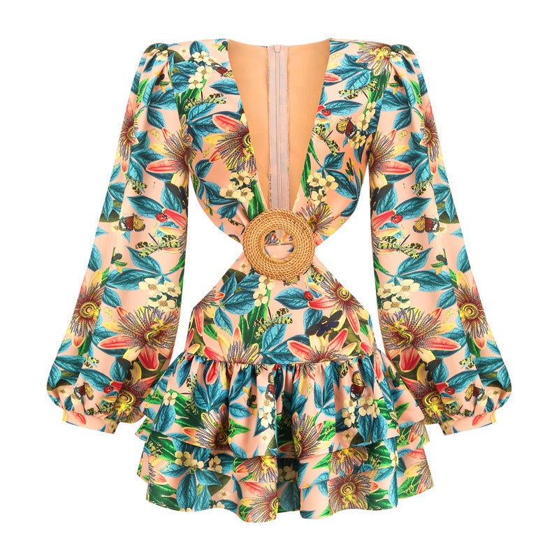 Sexy Women's Floral Deep V-Neck Sleeves Dress with Cutt-offs Designs