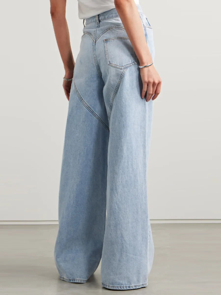 Women's Straight Wide Leg  Denim Pants With Thigh Cut-Outs and  Rhinestone Designer Details