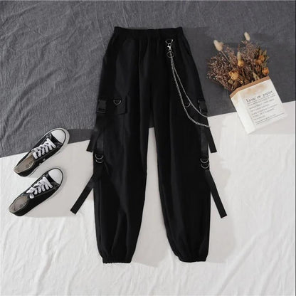 Women's Harajuku Cargo Pants and Long Sleeves Cropped Top with Cool Chains Details