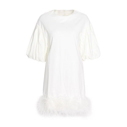 Stylish Mini Dress WIth Feathered Hem and  Lantern Sleeves