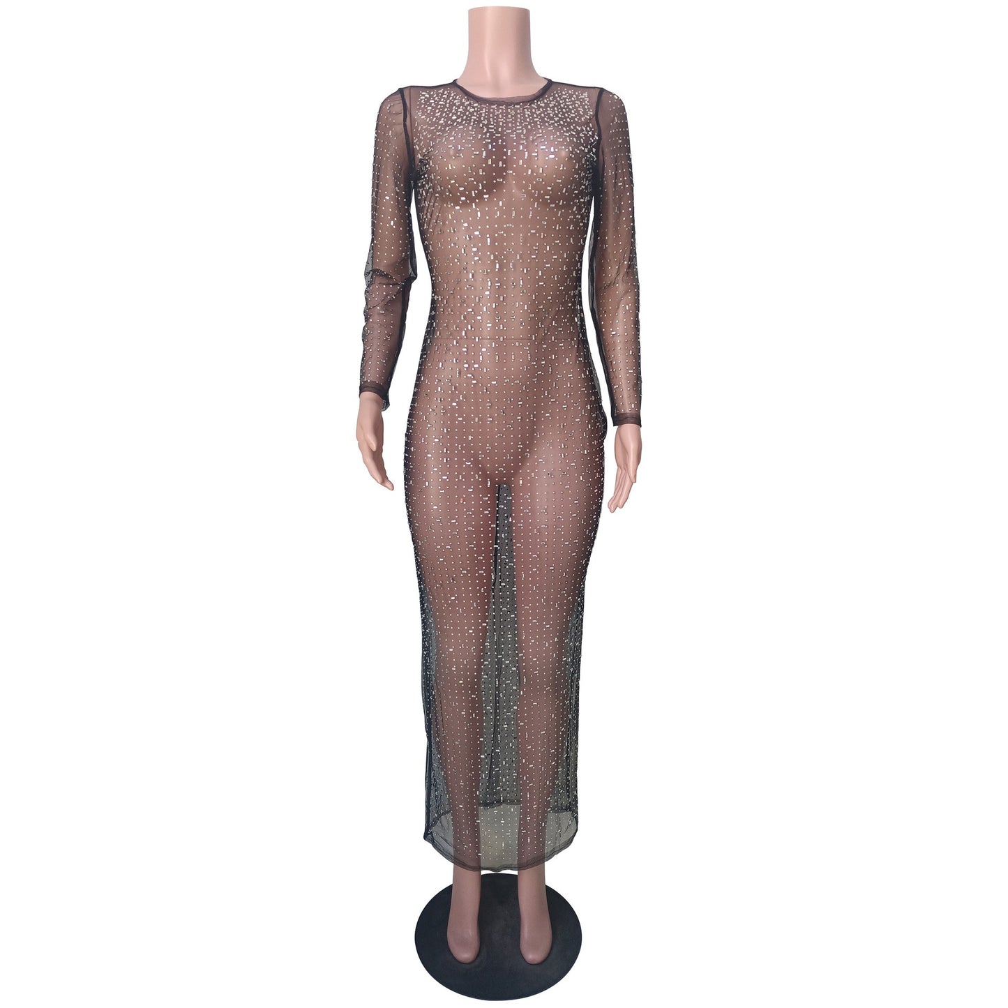 Fashionable Diamond Adorned Long Sleeved Net Dress