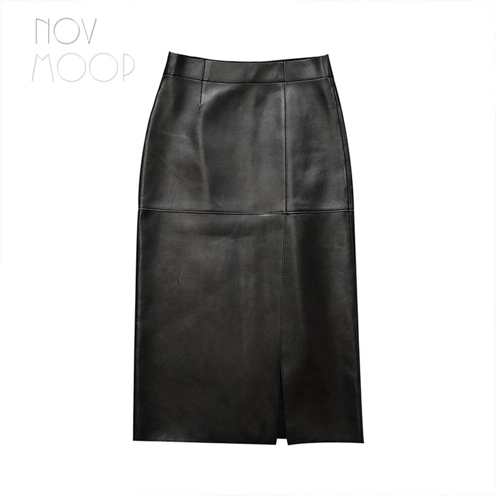 Sleek Genuine Leather Pencil Skirt with Front Slit – Available in Magenta Purple & Classic Black