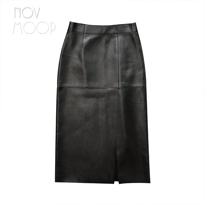 Sleek Genuine Leather Pencil Skirt with Front Slit – Available in Magenta Purple & Classic Black