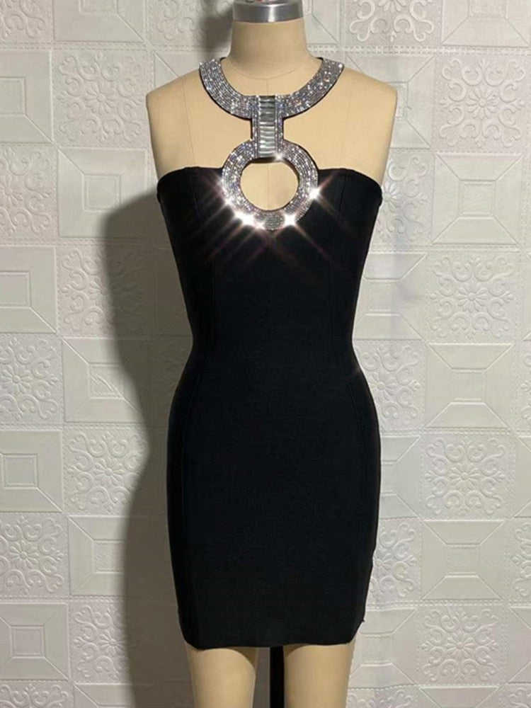 Chic Diamonds Encrusted Halter Little Black Dress