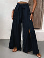 High-Waisted Wide-Leg Slit Pants with Self-Tie Waist (Black | Teal)