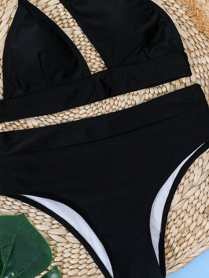 Asymmetrical Chic Black High-Waisted Bikini Set