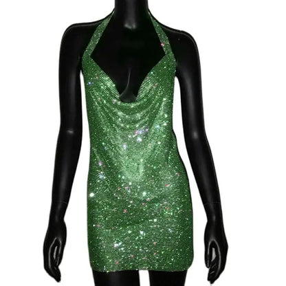 Sparkling Rhinestone Halter Neck Side Split Sleeveless Party Mini Dress