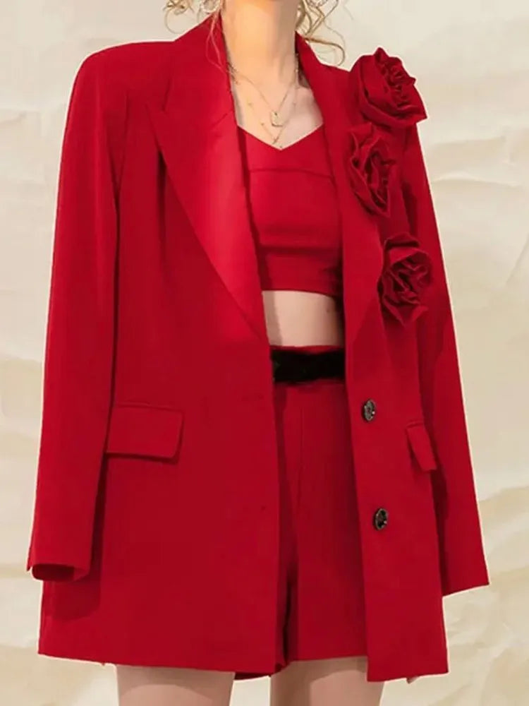 Red Floral Appliqué Blazer – Fierce Femininity, Tailored to Bloom