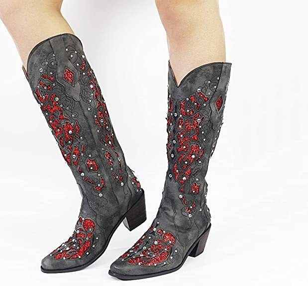 Super Stylish Embroidered Solid Thick Heel Cowgirl Boots