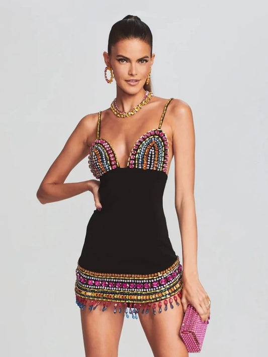 Rainbow Crystal Embellished Fringe-Hem Mini Dress