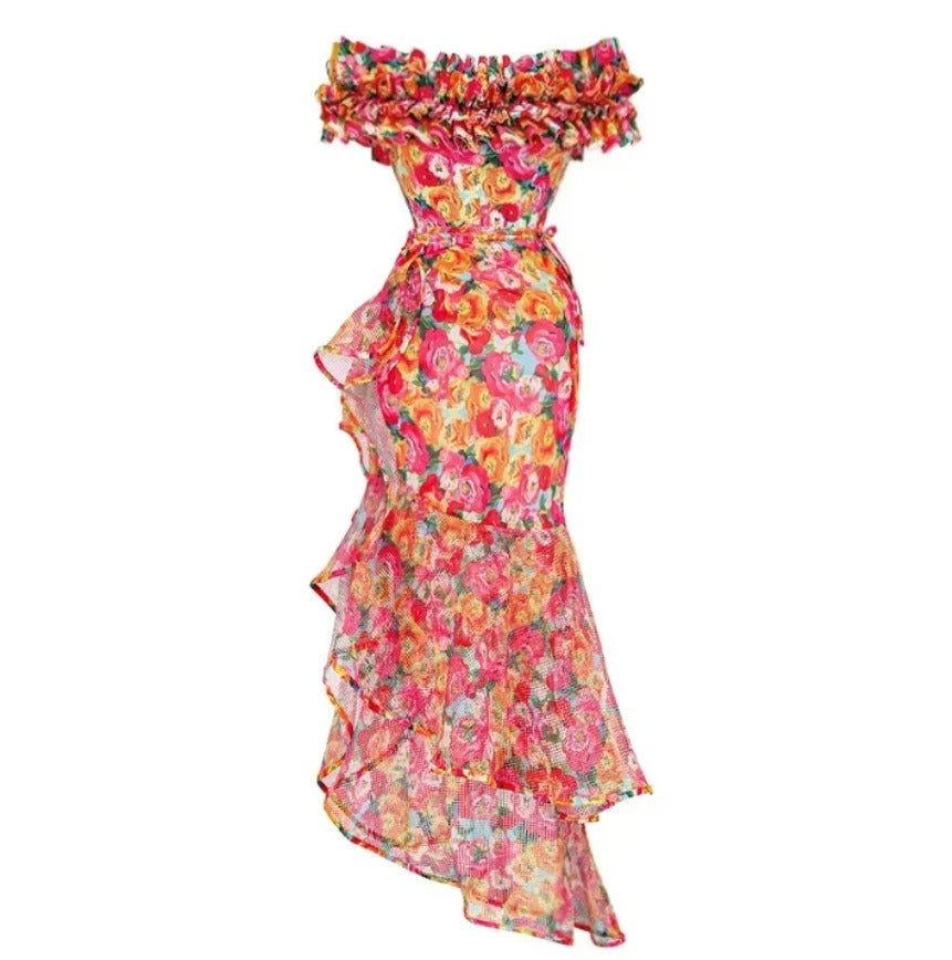 Retro Style Floral One-piece  Swimsuit and Matching Skirt