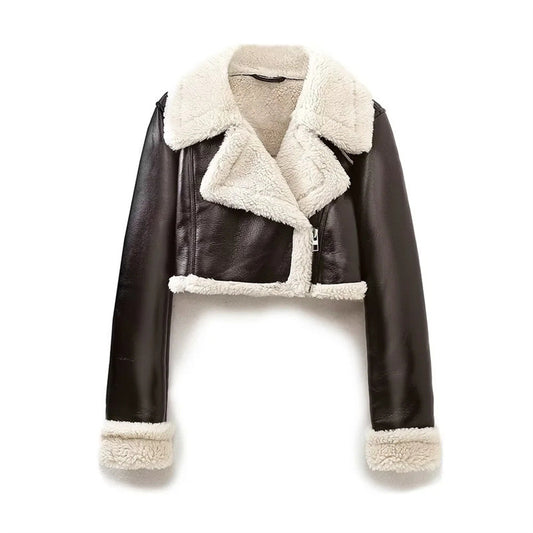 Women's Thick Warm Faux Leather Shearling Cropped Vintage Style Jacket