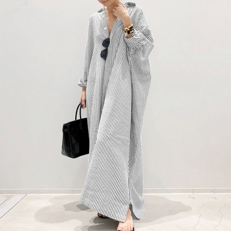 Striped  Long Sleeves Shirt Dress in Multiple Colors