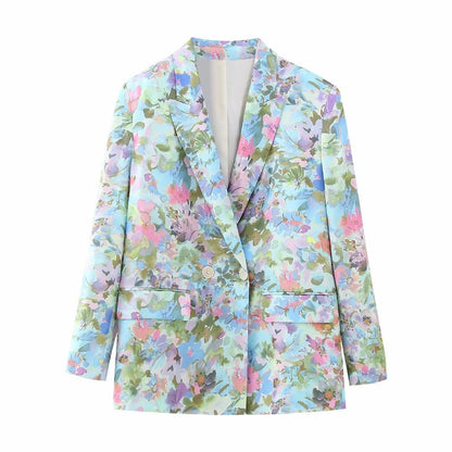 Retro Style Long Sleeve  Floral Double Breasted Pant Suit  For Women