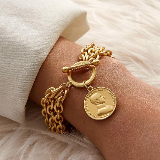 Gold Color Charm Chain Bracelets For Women Men Metal  Portrait Coin Alloy Bracelets