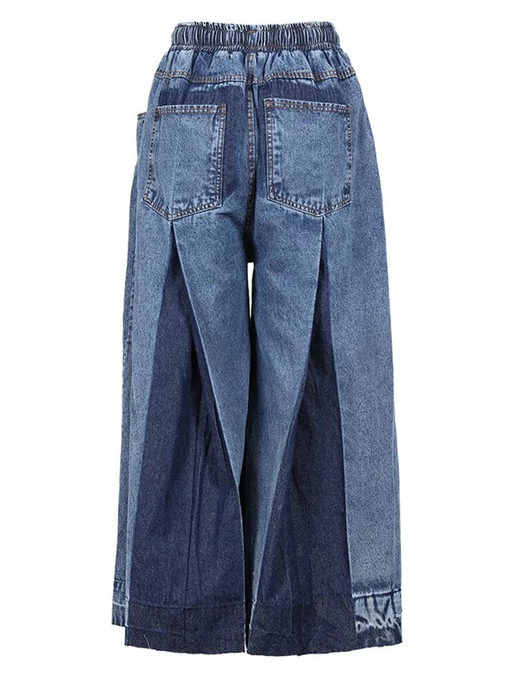 Panelled Wide-Leg Drawstring Denim Jeans