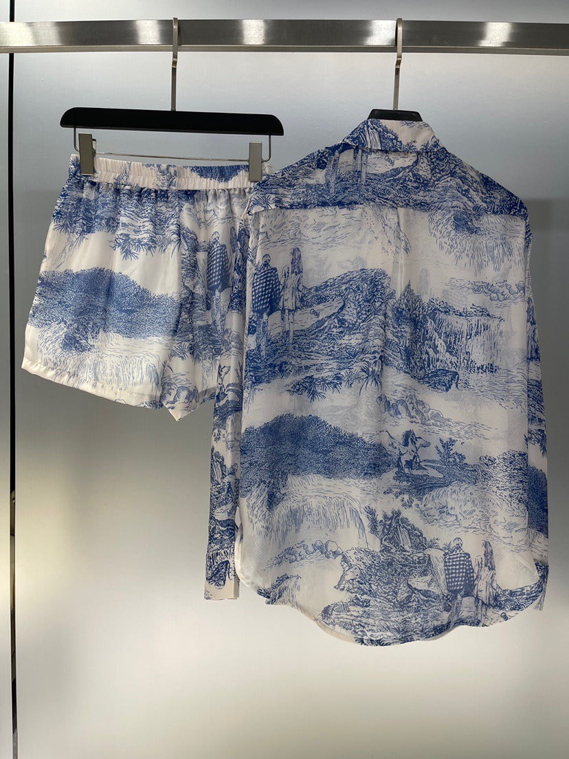 Two-piece Shirt & Shorts Set Made With a Cool Ink Landscape Painting Print Fabric