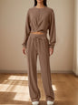 Twist-Front Pastel Knit Lounge Set – Cozy Crewneck Sweater & Drawstring Wide-Leg Pants