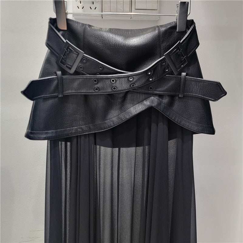 Stylish Faux Leather Skirt with Sheer Pleated Panels