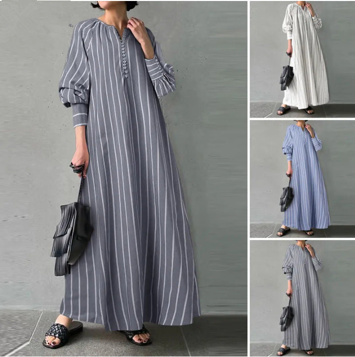 Cotton and Linen Striped Round Neck Long Sleeved Dress