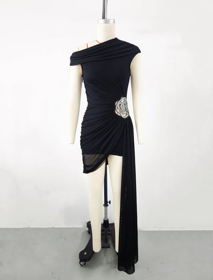 Elegant Black Asymmetrical Draped Mini Dress with Floral Embellishment
