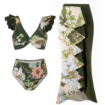 Three-piece Set of Retro Style Print Swimsuits Paired with a Matching Sarong in Multiple Designs