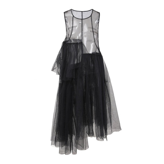 Stylish Sheer Dress With a Flowing Mesh Skirt and an  irregular Hemline.