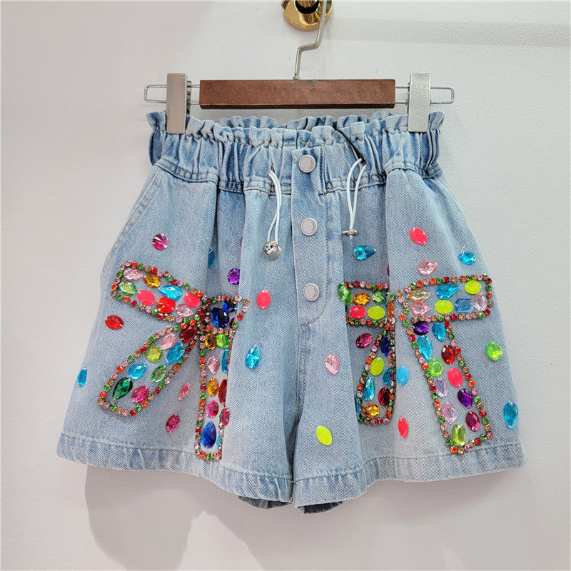Rainbow Gem Embellished Denim Shorts – Sparkle That Slays