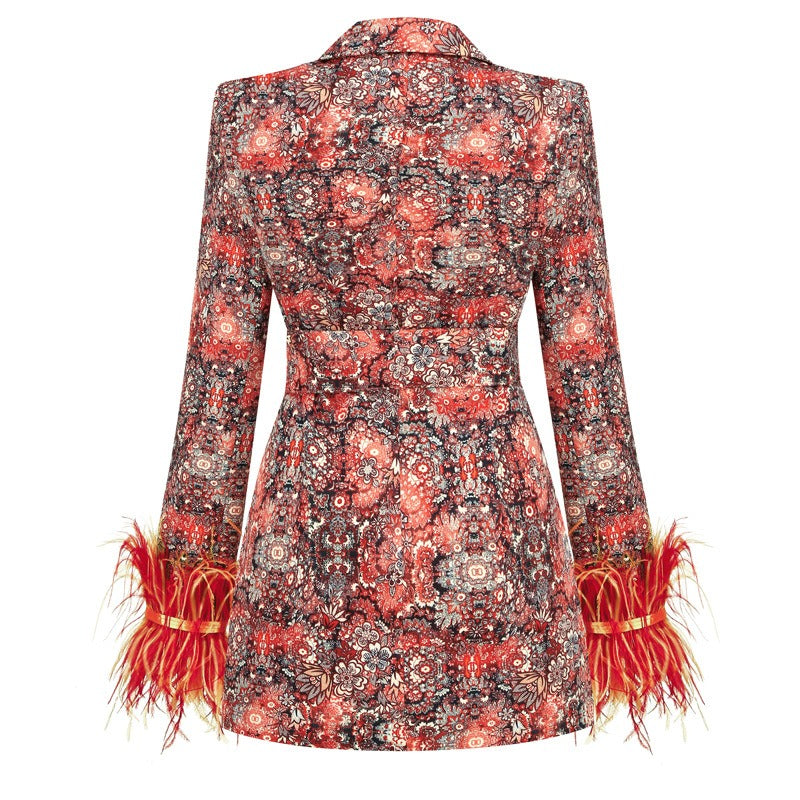 Elegant V-neck Floral Mini Dress with Decorative Feathers at Cuffs