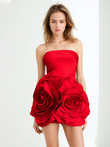 Red Hot Floral Mini Dress,   A-line Dress With a  Stunning 3 D Rose Design