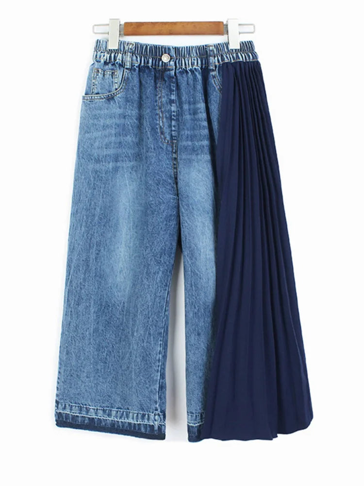 Elastic Waist Denim Pleated Wide Leg Pants