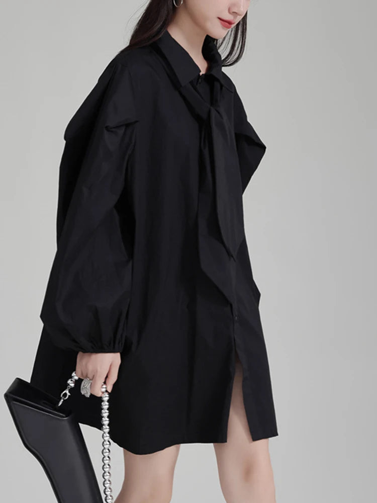 Stylish Shirt Dress for Women With Oversized Tie and Puff Sleeves, Available in Black and White