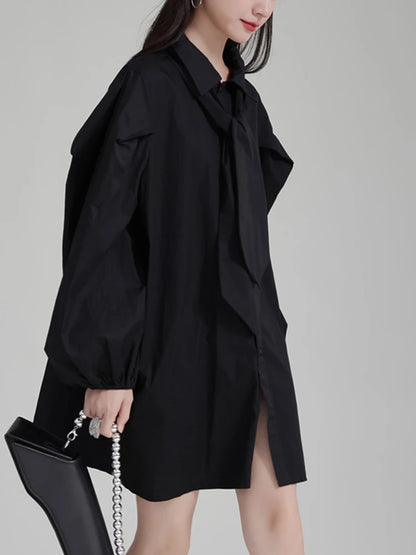Stylish Shirt Dress for Women With Oversized Tie and Puff Sleeves, Available in Black and White