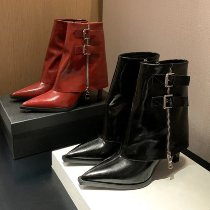 Fierce Buckled Zip Ankle Booties – Pointed Toe Patent Leather Finish