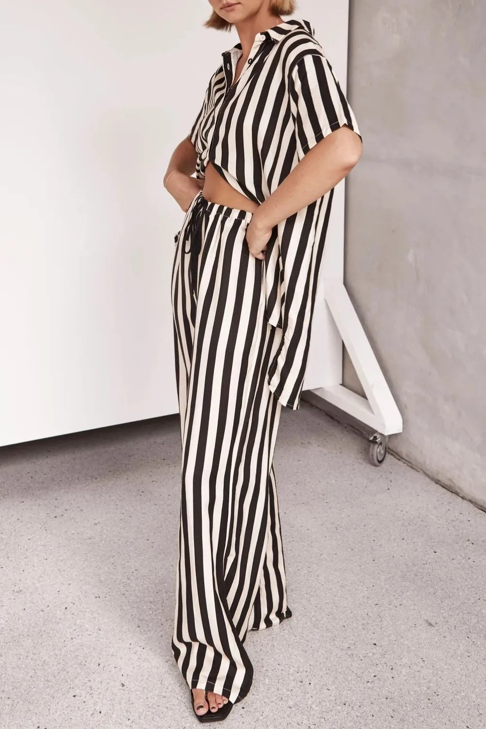 Black & White Vertical Stripe Two‐Piece Lounge Set