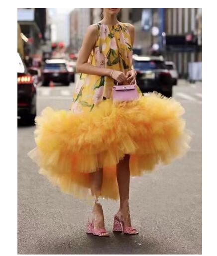 Trendy Bright Yellow Floral Sleeveless Dress with a Puffy Skirt