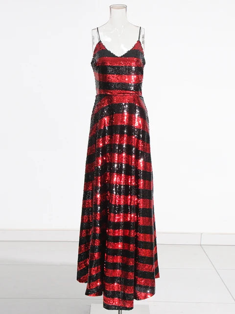 Red and Black Striped Sequins Gown