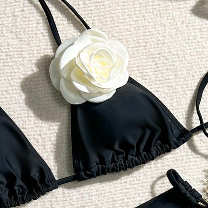 Sexy Black String Bikini with  3D Floral  Designer Detailing