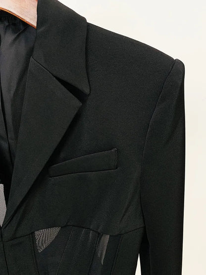Sheer-Panel Tailored Blazer & Fluted Mesh-Hem Trousers Set (Black)