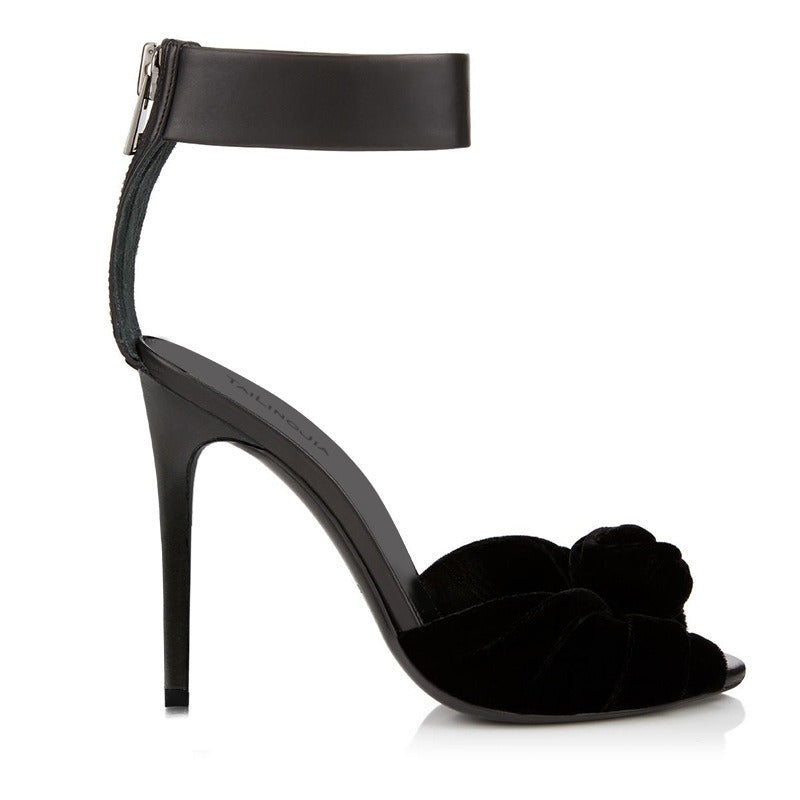 Velvet Rosette Ankle-Strap Stiletto Sandals