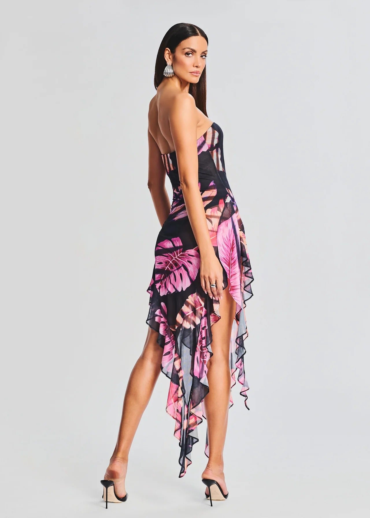 Sleeveless Slim Fitting Print Dress with a Thigh Slit and Asymmetrical Hem